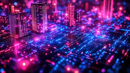 Obraz premium Neon city circuit board, digital future, data flow