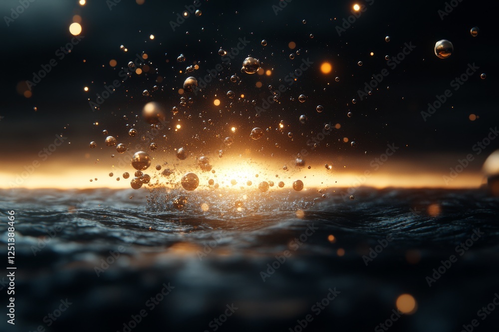 Aufkleber golden droplets sparkle as they collide with water creating mesmerizing splashes at sunset