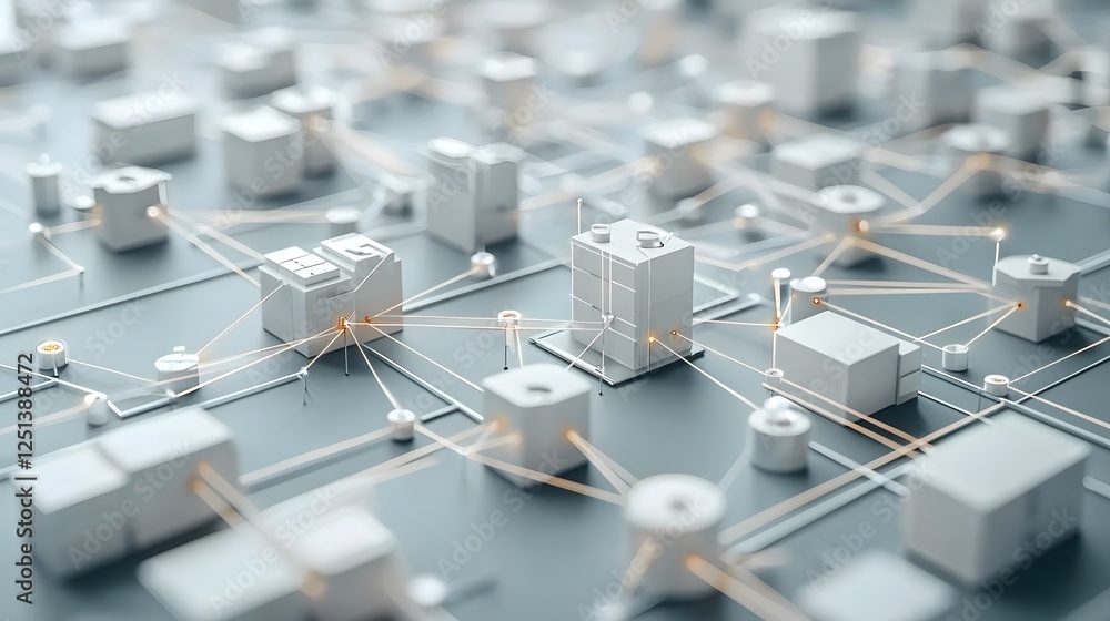 Poster abstract 3d of an interconnected office structure with different departments and their roles visuall