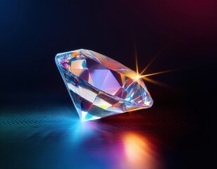 Radiant Diamond: A brilliant-cut diamond sparkles with vibrant, multicolored reflections, set against a dramatic dark background illuminated with neon-like lighting.