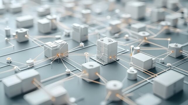 Abstract 3D of an interconnected office structure with different departments and their roles visually connected in a flow representing digital technology data management and corporate organization