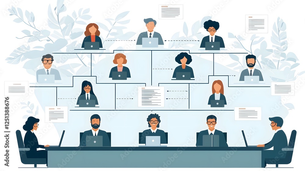 Poster visual diagram depicting the structure and leadership hierarchy of a corporate organization and its 