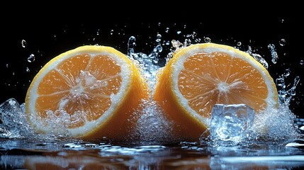 Juicy lemon halves splashing in water, dark background, refreshing drink