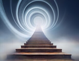 Obraz premium Steps to the Unknown: A solitary staircase ascends towards a luminous portal, surrounded by swirling ethereal mist.