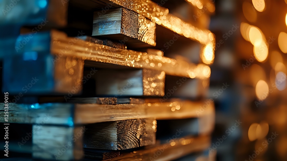 Aufkleber wooden shipping pallets with warm bokeh lights in background creating industrial atmosphere. close u
