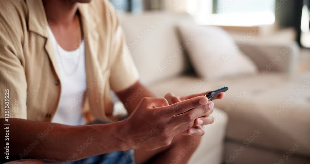 Poster Hands, house and man on sofa, smartphone and typing with internet for social media. Person, closeup and guy on couch, online reading or scroll with connection, message to contact or texting in lounge