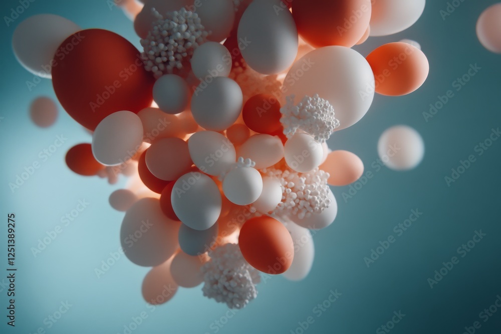 Poster colorful abstract arrangement of spherical shapes floating in soft blue background with delicate tex