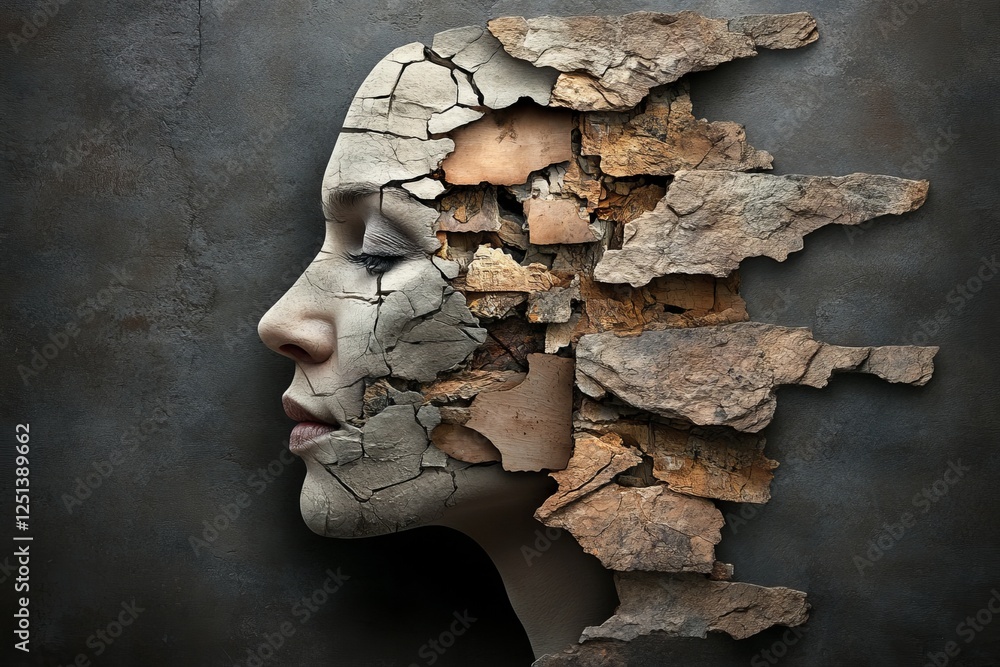 Poster artistic representation of a human face merging with fragmented stone elements evoking themes of tra