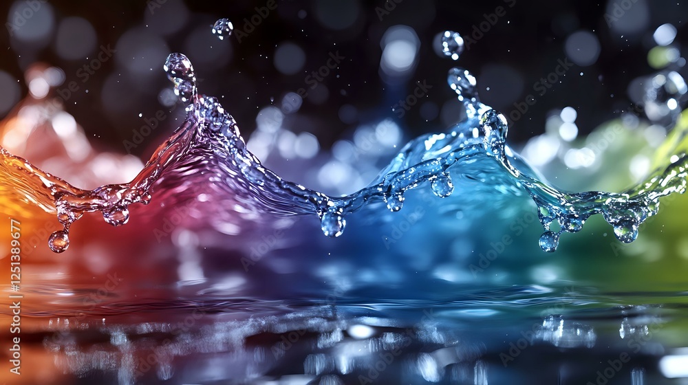 Poster colorful water splash waves with orange, pink, blue and green gradient background creating dynamic m