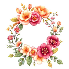 Fototapeta premium Colorful floral wreath design featuring pink and orange blossoms with green leaves for decoration