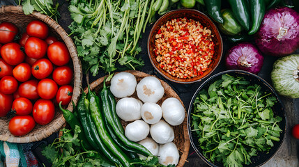 Fresh Ingredients and Colors of Thai Cuisine in a Rustic Setting with Vegetables and Herbs