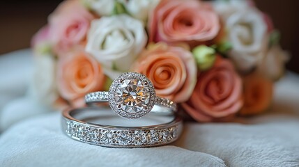 Elegant wedding ring set on a soft luxurious velvet pillow with a romantic blurred wedding bouquet in the background and soft warm lighting  Minimal stylish design with copy space for creative use