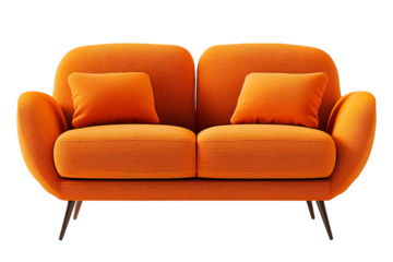 Modern orange fabric sofa with soft cushions, isolated on a transparent background. Comfortable and stylish furniture for home interiors, living rooms, and lounge areas.