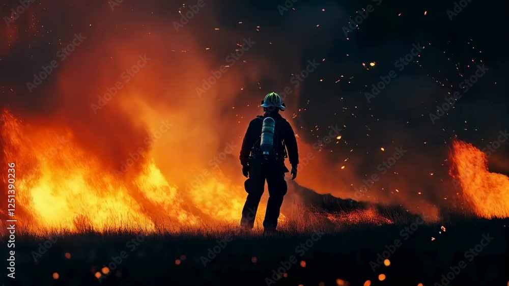 Poster brave firefighter wearing protective gear and carrying an oxygen tank battling a raging wildfire in 