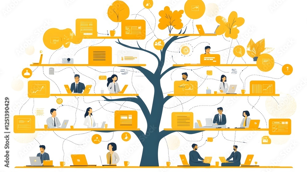 Poster efficient office organization hierarchical workflow and interconnected teams depicting a visually co