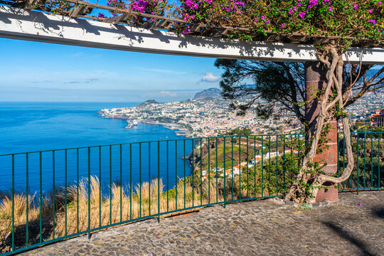 Scenic panoramic view from Miradouro do Pinaculo on a summer morning, Funchal, Madeira island, Portugal.