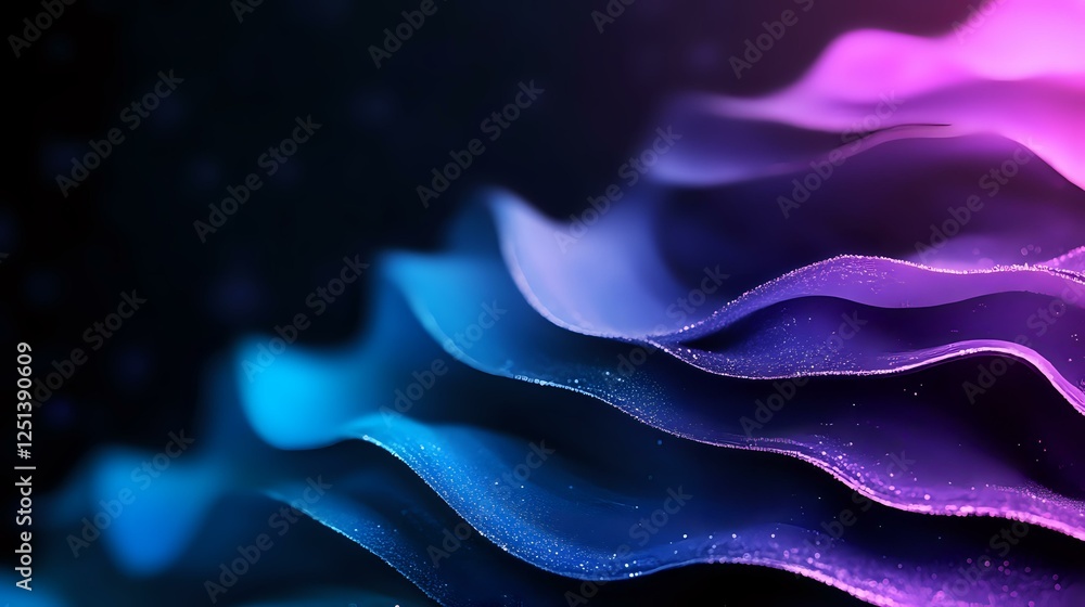 Poster vibrant abstract waves in neon blue and purple colors creating dynamic flowing layers against dark b