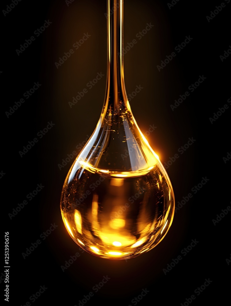 Poster golden liquid drop suspended in darkness capturing light and reflection in a viscous fluid