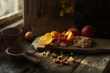 Colorful display of local farm products including fresh fruits and porridge made from ancient grains arranged on wooden surface. Concept emphasizes importance of local farm products.