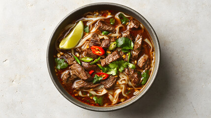 Authentic Thai Kuay Teow Beef Noodle Soup in Bowl with Fresh Herbs and Lime Slice