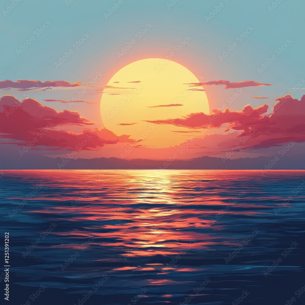 Poster tranquil sunset over calm ocean waters with vibrant colors reflected on the surface and a gentle sky