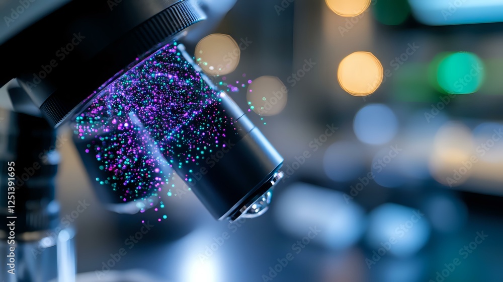 Poster glowing purple particles swirling in glass container with bokeh light effects in background create m