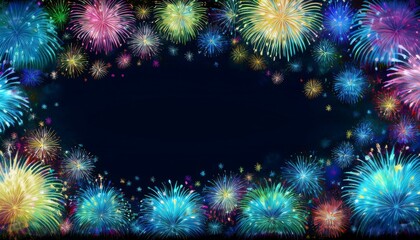 Fototapeta premium border frame of colorful fireworks on black background with copy space for text