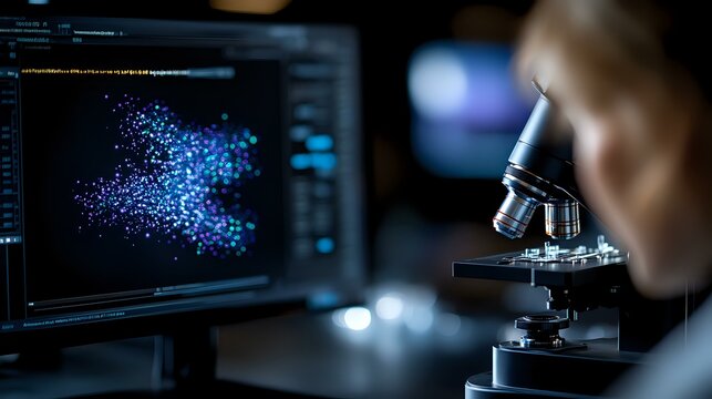 Scientist analyzing digital data visualization with microscope in dark laboratory, blue particle scatter plot on computer screen for medical research.