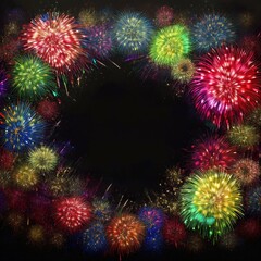 Fototapeta premium border frame of colorful fireworks on black background with copy space for text