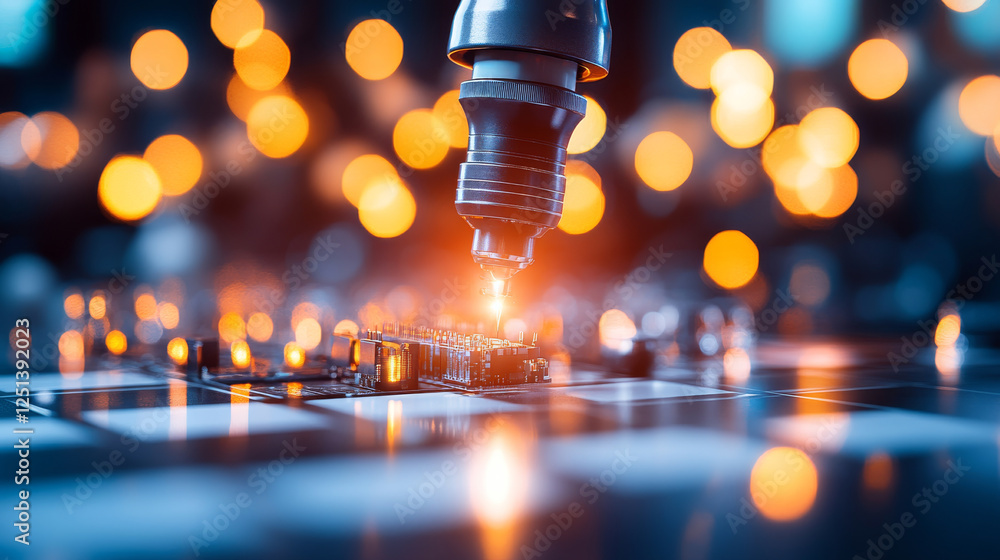 Aufkleber close up of robotic arm working on circuit board with glowing lights in background, showcasing advan
