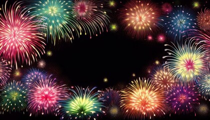 Fototapeta premium border frame of colorful fireworks on black background with copy space for text