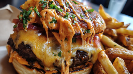 Mouthwatering Close-Up of Juicy Burger with Melted Cheese and Crispy Fries