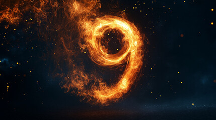 An artistic representation of the number nine is depicted as a fiery glow, creating an abstract and energetic feel with swirling lights and particles.