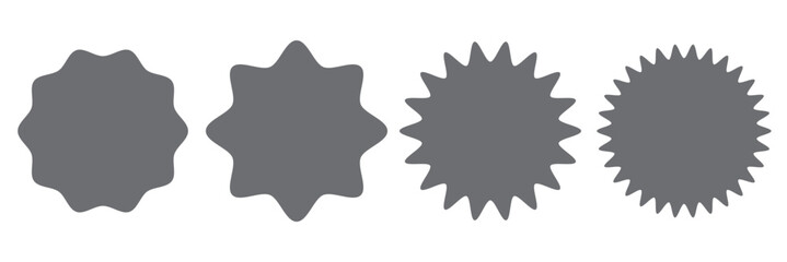 Sunburst sticker shapes. Rounded starburst zigzag badge, spiky oval, circle and star shaped price tag, discount and sale label stickers. Jagged silhouettes vector set.