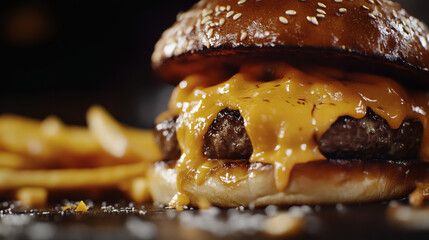 Mouthwatering Close-Up of Juicy Burger with Melted Cheese and Crispy Fries