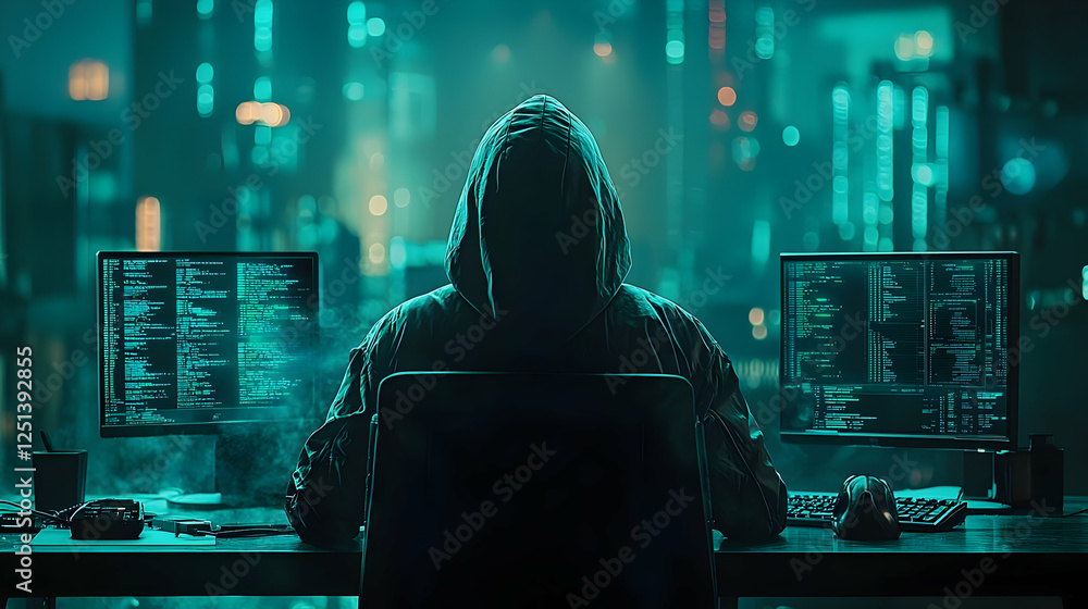 Poster mysterious figure in a hoodie working on multiple screens in a high-tech environment