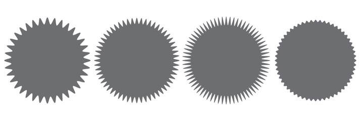 Sunburst sticker shapes. Rounded starburst zigzag badge, spiky oval, circle and star shaped price tag, discount and sale label stickers. Jagged silhouettes vector set.
