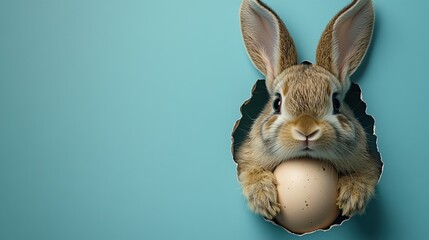 Obraz premium A charming Easter imagination brought to life, a vertical top view that captures whimsical rabbit ears peeking from an eggshell on a gentle blue background with space for text or promotion.