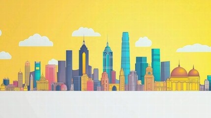 Fototapeta premium Colorful Urban Skyline Illustration with Contemporary Buildings and Bright Yellow Background