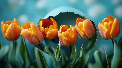 Obraz premium A charming Easter innovative concept, a top view photo of fresh yellow tulips seen through an egg-shaped aperture on a pastel blue background with a vacant area for personal text or advertising.