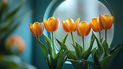 Naklejka premium A charming Easter innovative concept, a top view photo of fresh yellow tulips seen through an egg-shaped aperture on a pastel blue background with a vacant area for personal text or advertising.