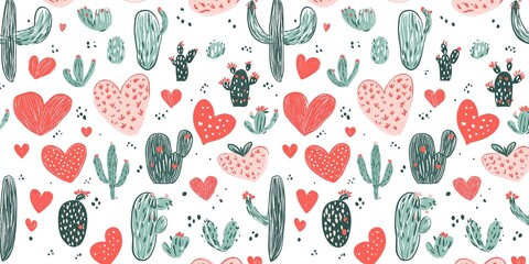 Love-Themed Seamless Pattern Featuring Hearts and Playful Cacti