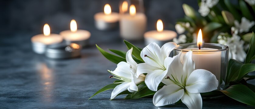 Serene remembrance with candle flame and white lily flowers for peace and reflection
