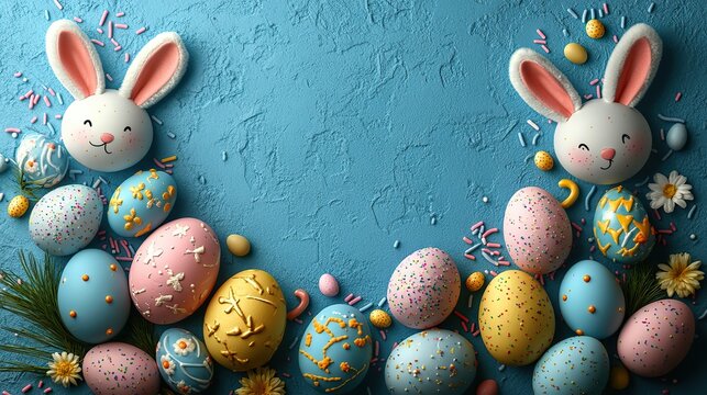 A charming Easter scene, a vertical top view of multicolored eggs and sprinkles on a pastel blue surface complemented by bunny ears behind an oval card for special notes or adverts.