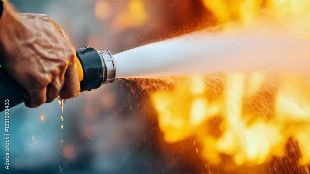 Poster firefighter spraying water from fire hose to extinguish large fire, creating a powerful jet against 