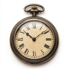 Vintage pocket watch with Roman numerals, brass case, aged appearance, intricate design, displayed on a plain background highlighting timekeeping elegance