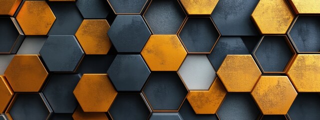 Abstract Hexagon Pattern Gold and Dark Grey Geometric Background 3D Render