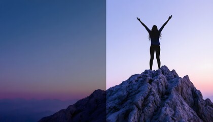 Woman celebrates victory atop a mountain peak at sunset