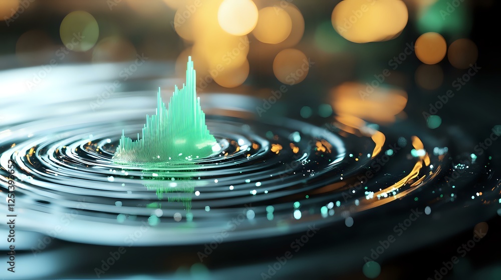 Poster liquid drop impact creating concentric ripples on water surface with green splash crown and golden b