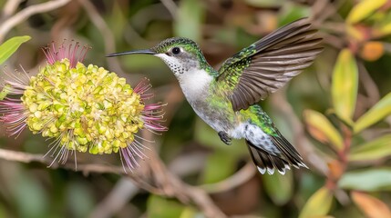 Naklejka premium Vibrant Green Hummingbird in Flight Nature Scene Close-Up Photography Outdoor Environment Dynamic Viewpoint Wildlife Concept